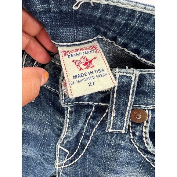 True Religion Womens Size 27 Johnny Big T Blue Denim Jeans Straight Leg Low Rise - Picture 4 of 5